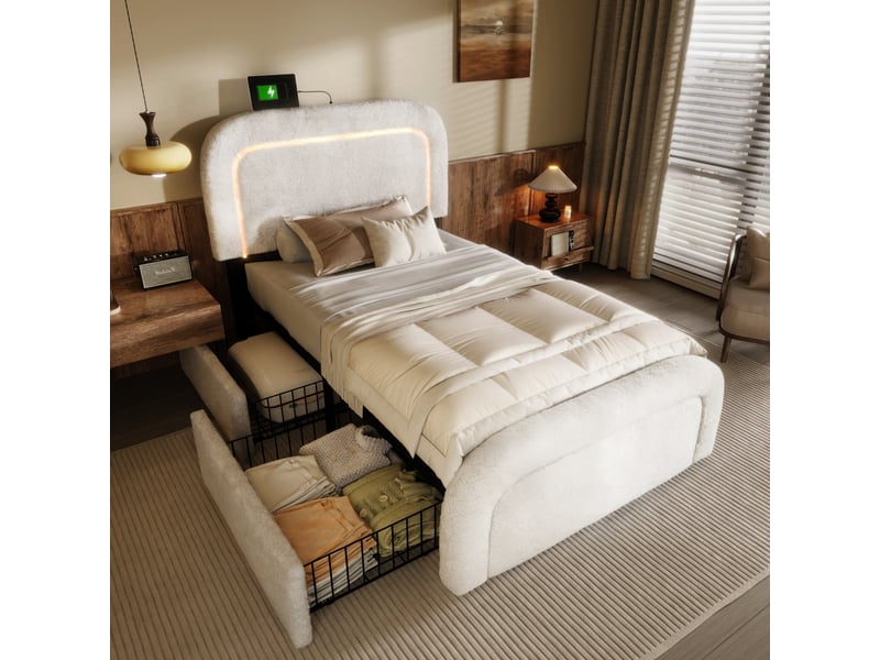  Lit coffre enfant 90x200 cm avec led, usb type-c et tiroirs, tissu, blanc, sans matelas  - Conforama W