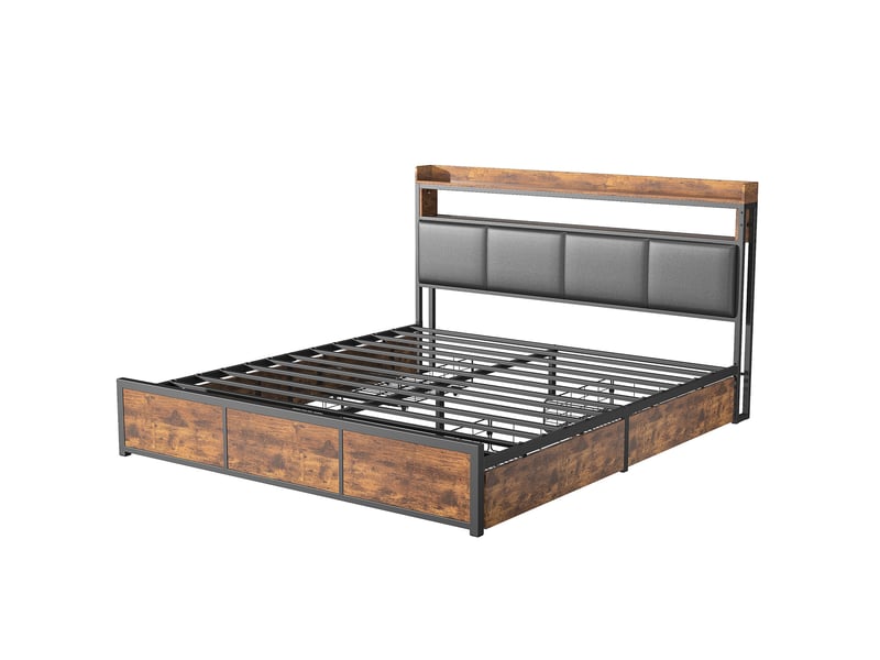  Lit 140x200 cm avec tête de lit rangement, lit double led,4 tiroirs, lit adulte ,sommier à lattes,marron, pu  - Conforama A