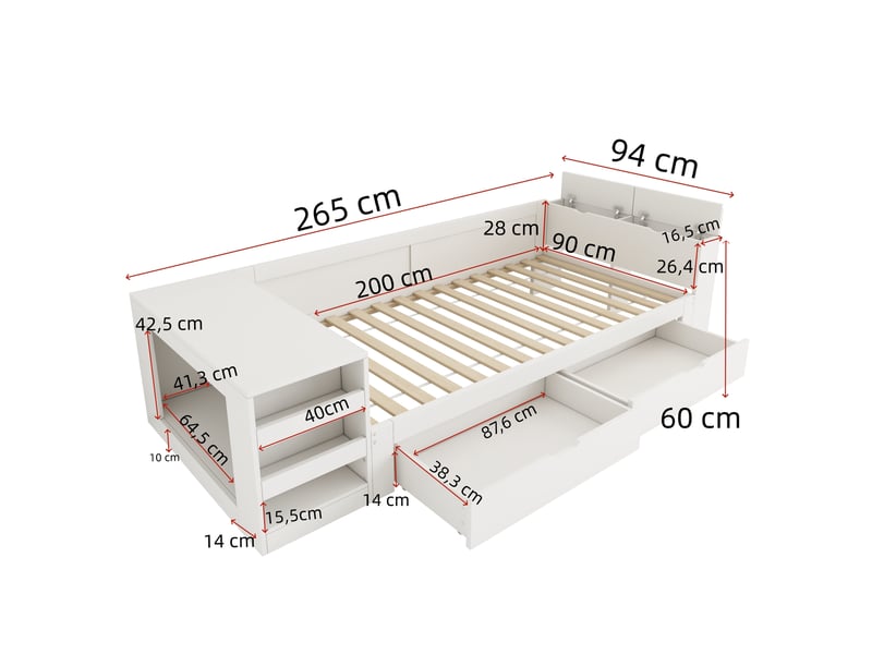  Lit simple avec tiroirs et rangement, blanc, 90 x 200 cm, sans matelas  - Conforama C