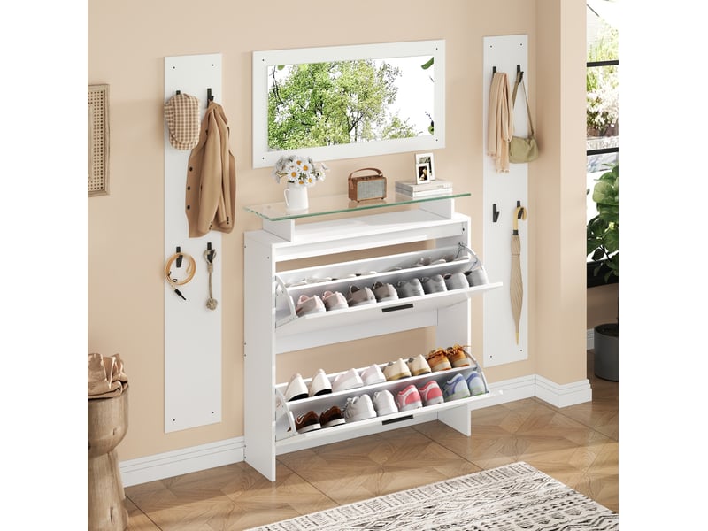 Meuble d'entrée avec miroir et 8 crochets, meuble à chaussures 4 niveaux pour couloir, blanc, 89,5 × 23 × 96,5 cm  - Conforama B