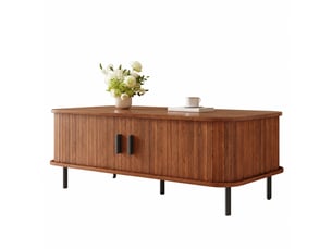 Table basse effet noyer avec 2 portes coulissantes à lattes verticales, 100 x 50 x 45 cm