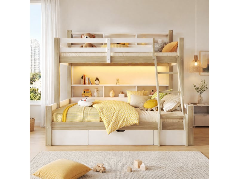 Lit superposé 3 places avec led, 1 tiroir et niches, 200x90 et 200x140 cm, sans matelas, blanc et naturel  - Conforama B