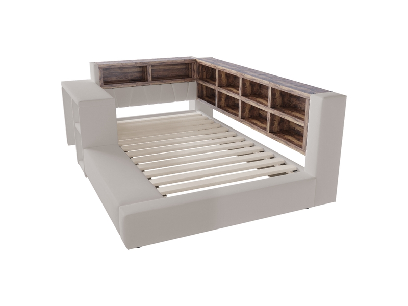  Lit capitonné 90 x 200 cm, avec revêtement capitonné, compartiments de rangement à plusieurs niveaux, éclairage led, prises intégrées dans la tête de lit, table de chevet, dossier capitonné, gris clair  - Conforama E