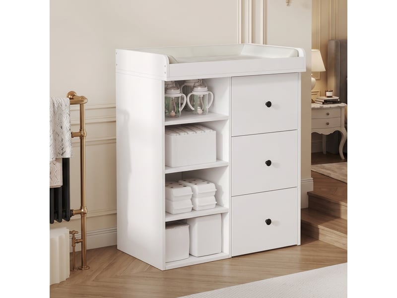  Table à langer 2 en 1 avec tiroirs de rangement, 82x50x100 cm, commode à langer blanche, sans matelas à langer  - Conforama D