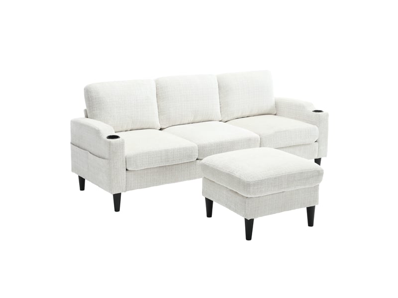 Canapé 4 places avec pouf et rangement - chenille beige, porte-gobelets et poches - Conforama A