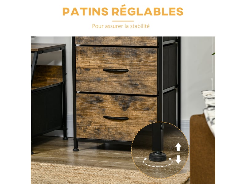 Meuble de rangement style industriel commode 3 tiroirs en tissu amovibles et 2 étagères - bois et métal - 44 x 29 x 92 cm - Conforama R