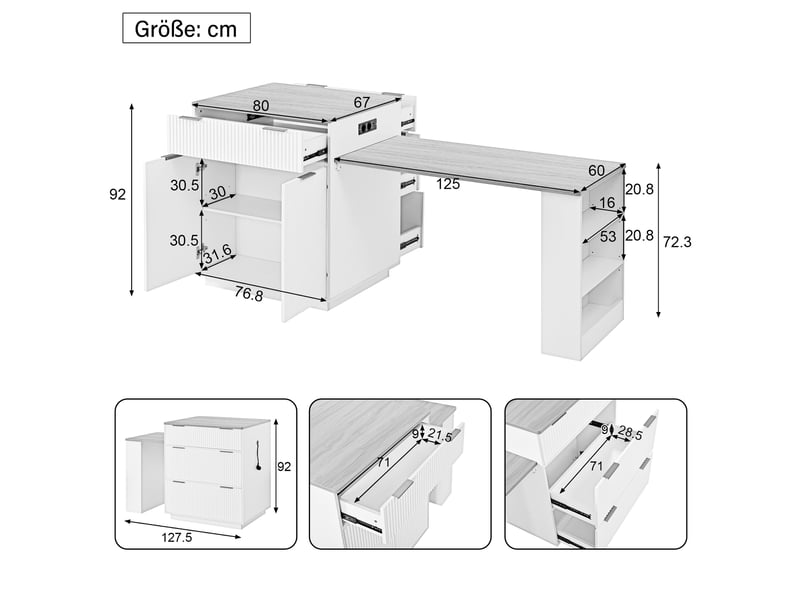 Îlot de cuisine mobile noir, table extensible, led, prises, tiroirs, étagères - Conforama C
