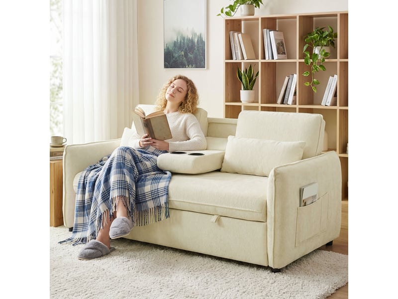 Canapé convertible 2 places en tissu chenille beige 166x90x84 cm - Conforama B