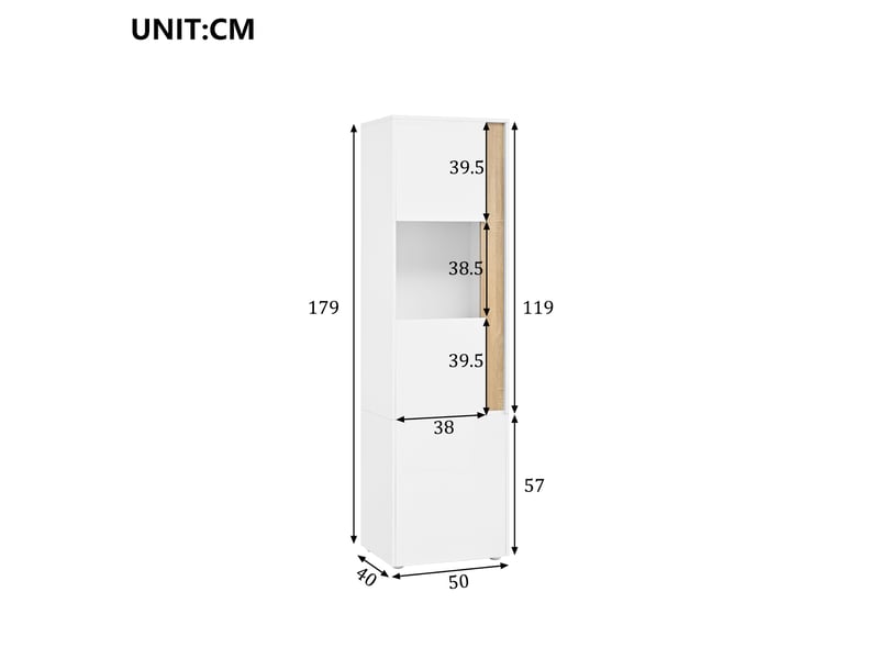  Vitrine d'exposition - 50x40x179 cm - grand meuble de rangement haut avec éclairage led et portes - blanc et naturel  - Conforama E