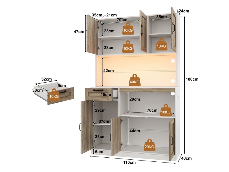  Armoire de rangement haute cuisine avec éclairage led et prises, buffet 6 portes et 1 tiroir, vitrine pour salon et salle à manger, 110 × 40 × 180 cm  - Conforama C