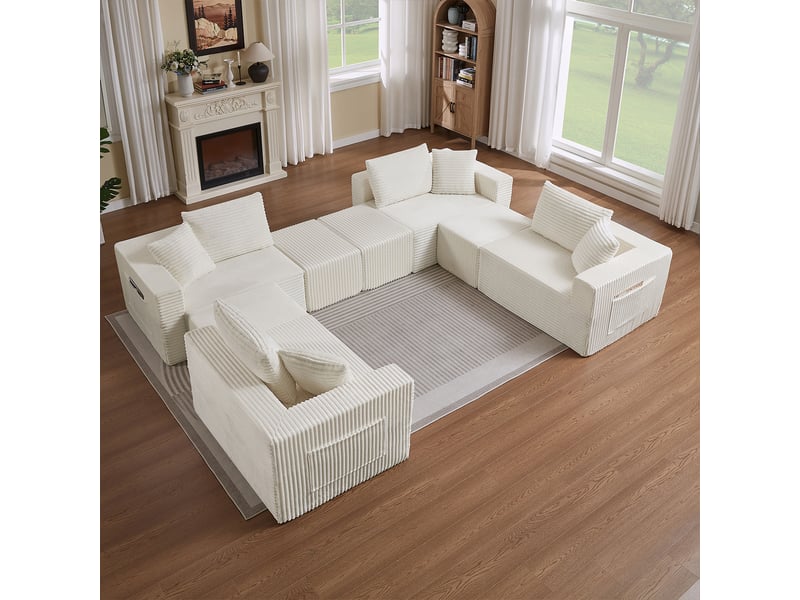  Canapé modulable 8 places en velours côtelé beige, assise souple et modules repositionnables IKSETERA TRADING LTD - Conforama D
