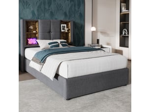 Lit coffre 90 × 200 cm 1 place avec charge sans fil, usb, port type c et étagères, sans matelas, gris