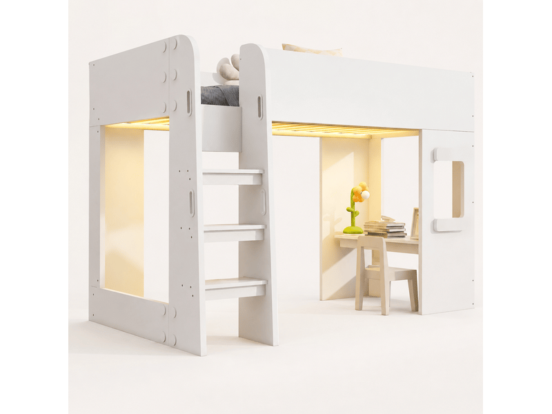 Lit mezzanine 90x200 cm blanc avec bureau et éclairage led - Conforama A