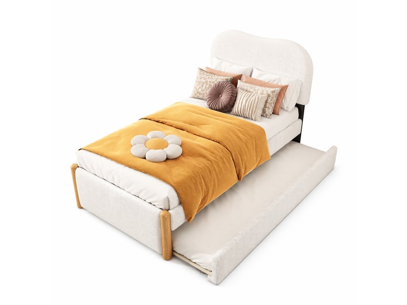  Lit 90x200 cm avec lit gigogne pratique, forme minimaliste, plush et mdf, blanc, sans matelas  - Conforama A