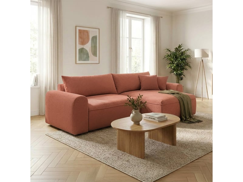 Canapé d'angle convertible terracotta 4 places tissu bouclé + coffre belair - Conforama E