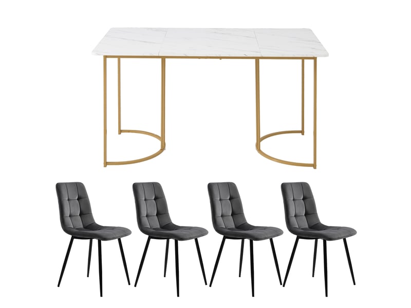  Ensemble table et 4 chaises, table à manger 140 x 80 cm effet marbre blanc, sièges en velours gris foncé et pieds dorés  - Conforama E
