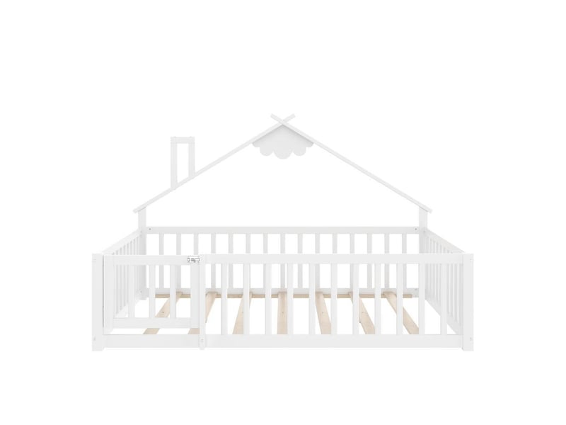  Lit plat enfant 140x190 cm, maison, barrière avec verrou, pin massif, sécurisé et doux, idéal pour chambre d'enfant, blanc  - Conforama R