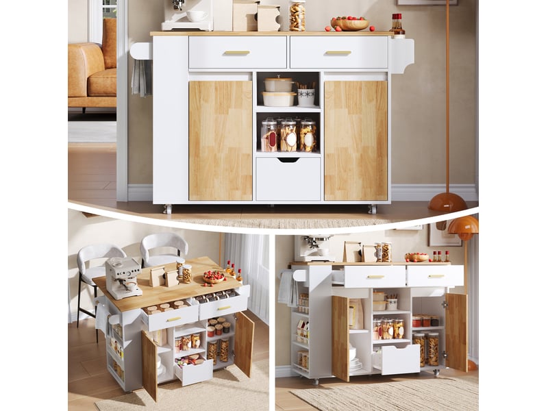 Desserte de cuisine avec plateau rabattable, 3 tiroirs, 2 portes et roulettes verrouillables blanc et bois naturel - Conforama D