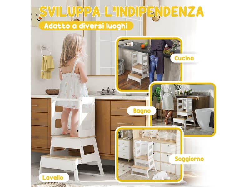  Tour montessori pour enfants avec tableau noir et rambarde, en bois, 55 x 52,5 x 87,5 cm, blanc et bois.  - Conforama E