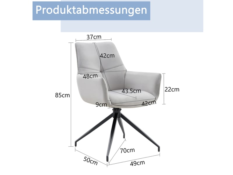  Lot de 2 chaise rotative 360°, chaise de salle à manger, accoudoirs, dossier confort, gris clair+noir, métal, tissu  - Conforama C