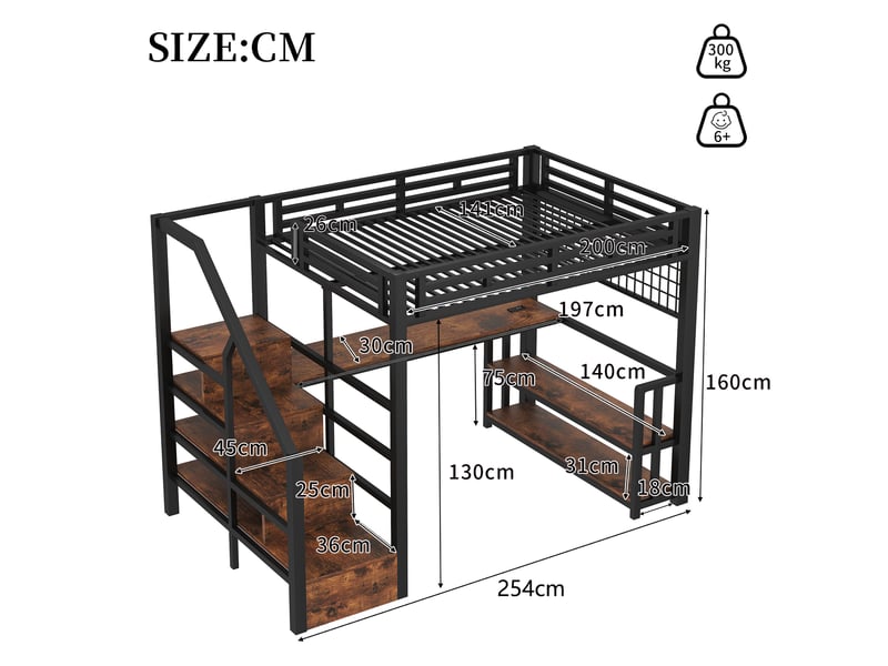  Lit mezzanine noir 140 × 200 cm, bureau, led, rangements, 2 usb, type-c et grille suspendue  - Conforama C