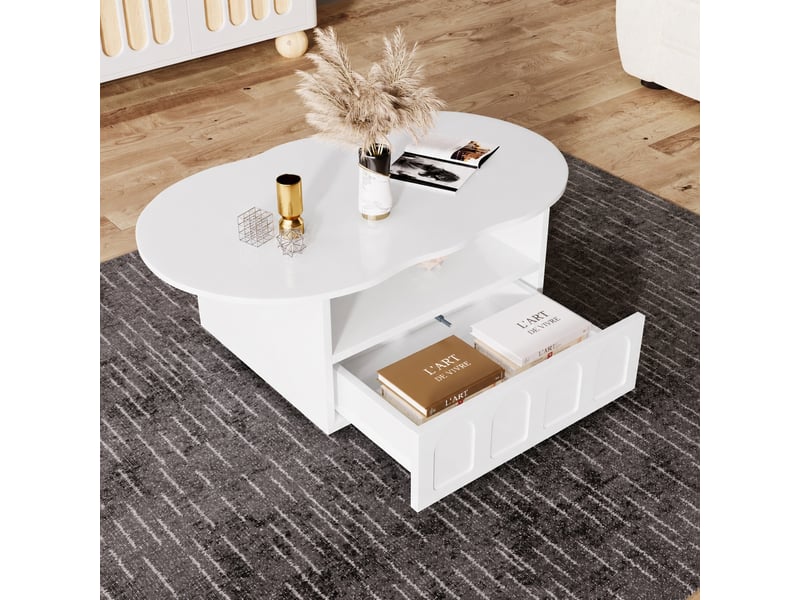  Table basse blanche en forme de nuage avec tiroir et niche ouverte, 100 x 60 x 40,5 cm  - Conforama E