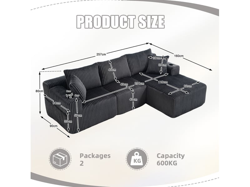  Canapé modulable 3 places avec méridienne en velours côtelé gris  - Conforama E