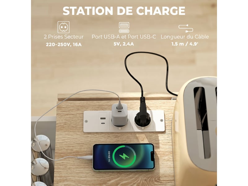  Îlot central cuisine avec plateau rabattable 2 prises et 2 ports usb desserte de cuisine sur roulettes 3 blanc tiroirs  - Conforama E