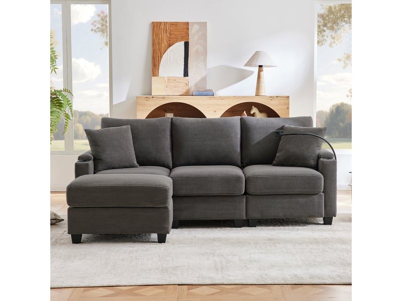  Canapé d'angle convertible 3 places 213,5 x 139 x 87 cm, forme l, pouf, porte-gobelets, usb, tablette d'accoudoir, 2 coussins, velours côtelé, beige Bliss Lite - Conforama D