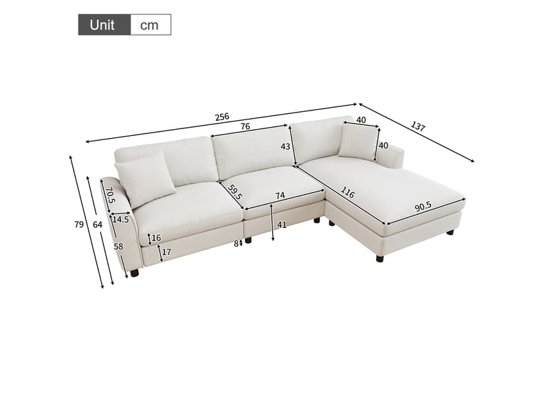  Canapé d’angle modulable en l 256 cm 3 places avec méridienne réversible extra-large 90 cm, accoudoirs courbés, ressorts ensachés, chenille beige  - Conforama D