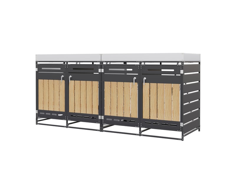  Cache-poubelles 4 compartiments avec bac à plantes, modèle bois vertical, métal noir  - Conforama D