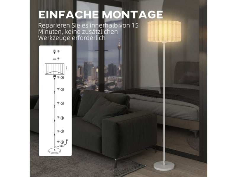  Lampadaire e27 avec abat-jour ondulé, blanc, interrupteur au pied, pour salon et chambre, sans ampoule  - Conforama D