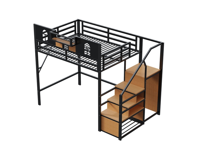 Lit mezzanine 140x200 cm – noir – mezzanine avec escalier de rangement et étagère intégrée, sans matelas - Conforama D