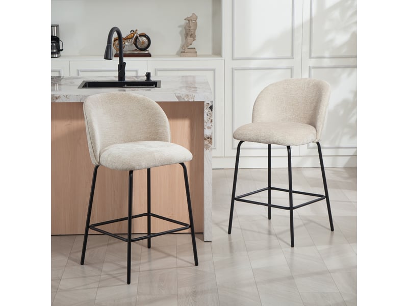  Ensemble de 2 tabourets de bar avec dossier et repose-pieds, revêtement en tissu et pieds en acier, beige  - Conforama C