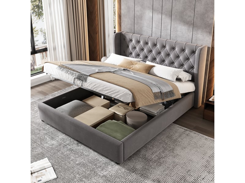  Lit coffre rembourré 140 x 200 cm en velours gris, tête de lit à oreilles capitonnée, sommier à lattes 28985960AAH - Conforama E