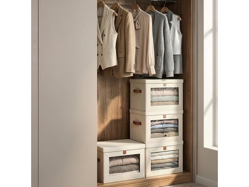  Lot de 1 bacs de rangement pliables en toile oxford beige avec fenêtre – organiseur pour vêtements et dressing  - Conforama D