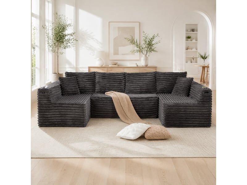 Canapé modulable en u modenvie 6 places gris foncé en velours côtelé avec porte-gobelets et poches latérales 320 x 155 x 88 cm - Conforama B