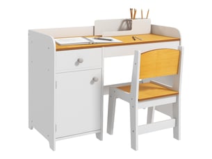 Bureau enfant avec chaise, ensemble bureau 2 pièces avec tiroir et armoire, blanc et naturel