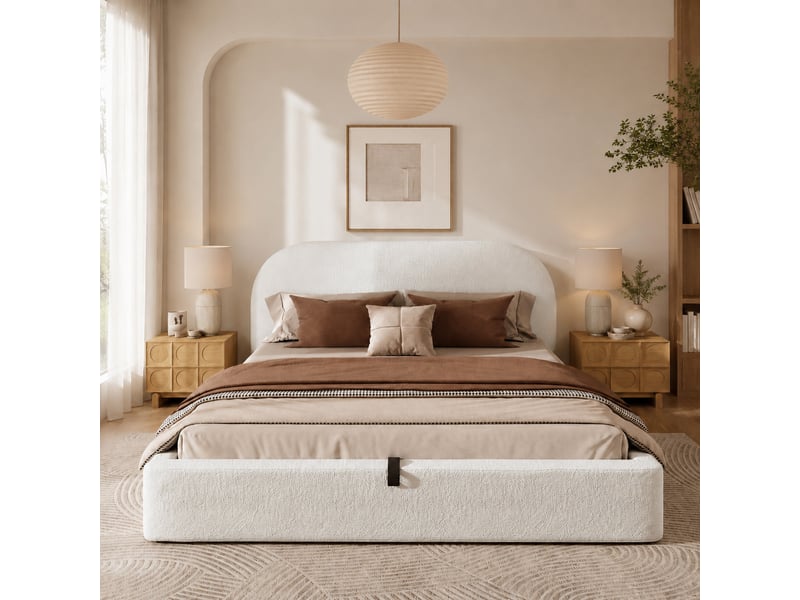  Lit double 160x200 cm avec coffre hydraulique, espace de rangement et tête de lit capitonnée, bouclé beige  - Conforama D