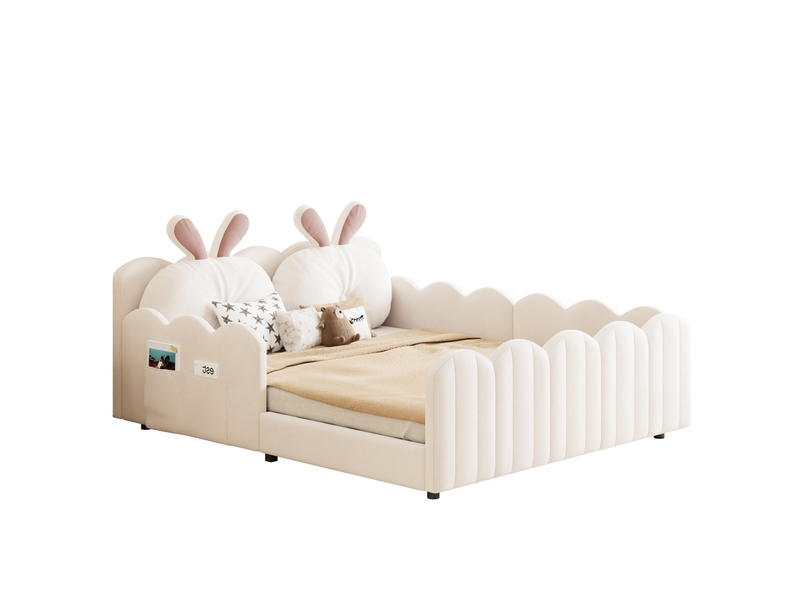  Lit enfant rembourré 140 x 200 cm, coussins lapin, barrières latérales, sommier 12 lattes inclus, mdf et contreplaqué, revêtement velours, beige  - Conforama A