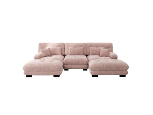 Canapé d'angle modulable 3 places en tissu rose, ottomans mobiles, convertible au confort enveloppant pour votre salon
