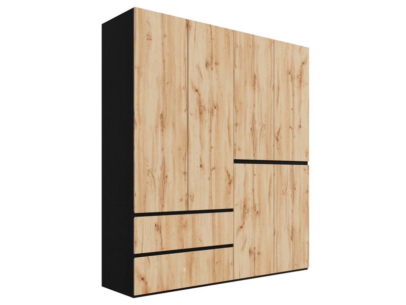  Armoire à portes battantes 180x50x200 cm, 2 tringles, 5 tiroirs, mdf, bois et noir, chambre et dressing, style pratique  - Conforama A
