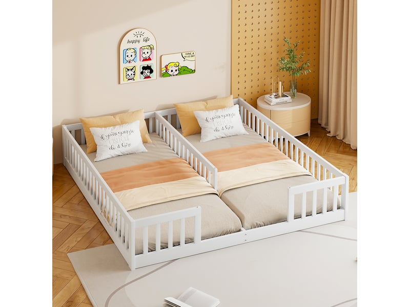  Elvmi lit enfant double au sol 90x200 cm avec barrières de sécurité et sommier à lattes, structure en pin et mdf, coloris blanc, couchage gain de place pour 2 enfants, design minimaliste pour chambre d’enfant et espace familial  - Conforama B