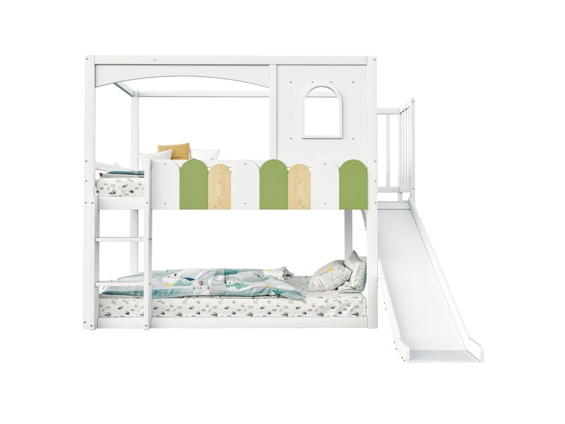 Lit mezzanine enfant 90 × 200 cm 1 place avec toboggan, échelle de sécurité et rangement, sans matelas, bois blanc  - Conforama A