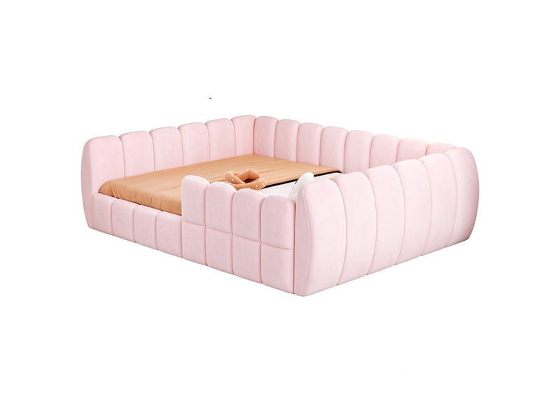  Lit au sol enfant 140x200 cm avec cadre rembourré fermé et coins arrondis, lit simple bas pour chambre enfant et ado, revêtement en velours, rose Seren Glow - Conforama A