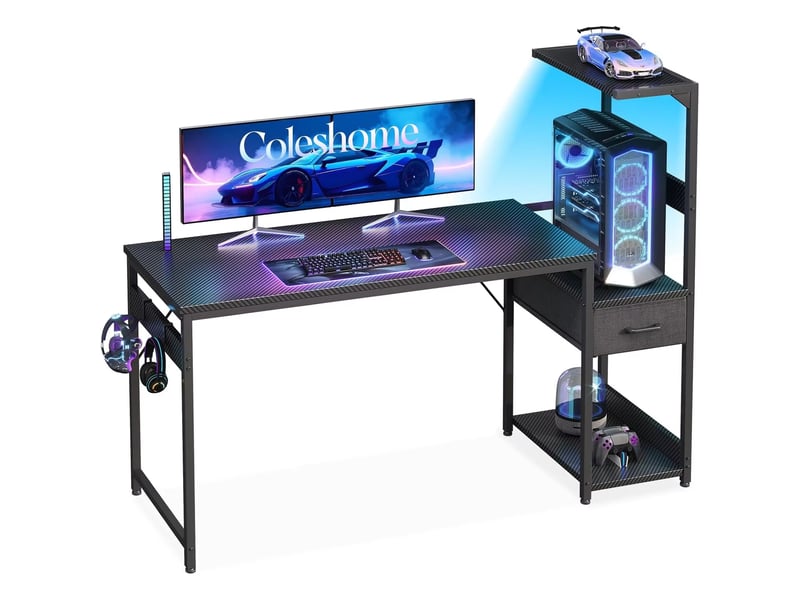  Bureau gaming avec led 138 x 48 cm, table pour pc avec tiroirs et étagère de rangement  - Conforama A