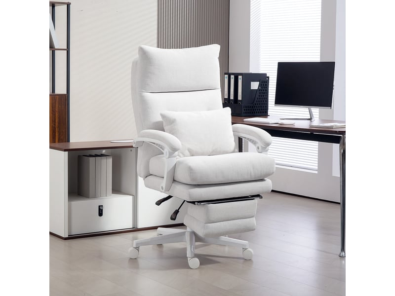  Fauteuil roulant à roulettes, aspect lin, réglable en hauteur, inclinable à 160°, repose-pieds, blanc crème  - Conforama D