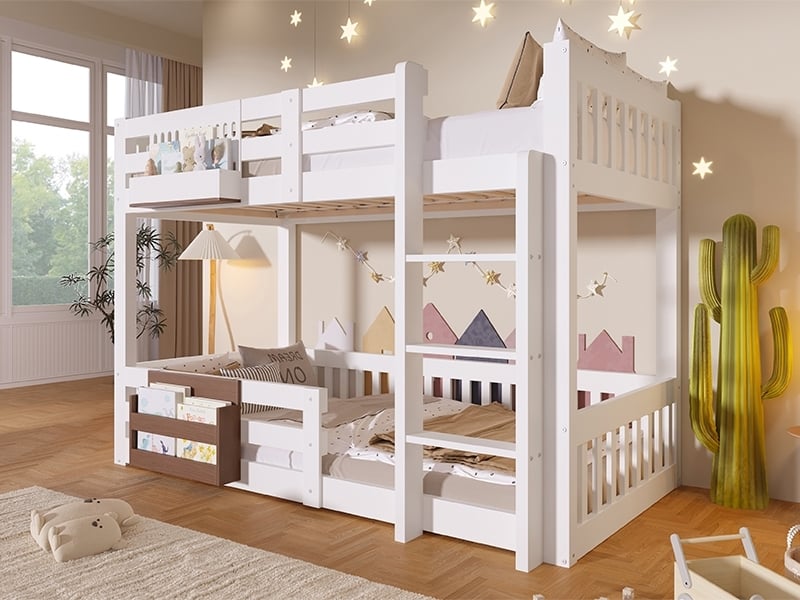 Lit superposé 90x200 cm, compartiments de rangement, barrière de sécurité, échelle, blanc - Conforama B