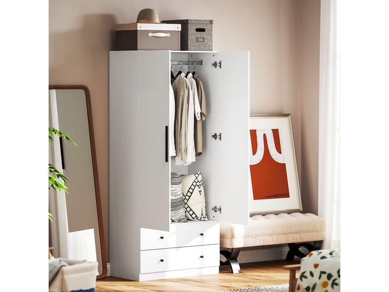  Armoire, 2 portes, penderie, tringle, 2 tiroirs, panneaux de particules, blanc  - Conforama E