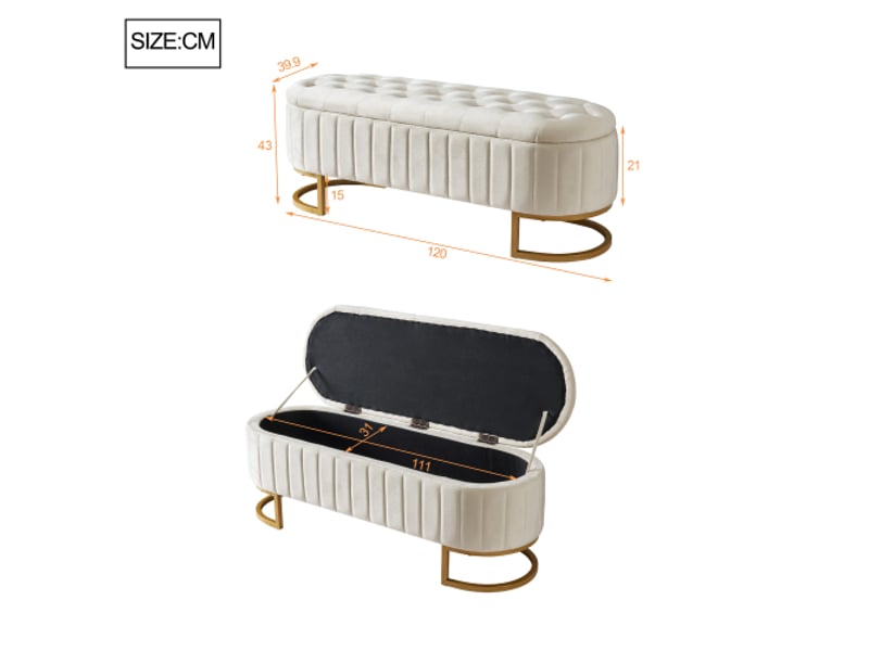  Banc de lit rembourré en velours avec rangement et pieds en métal doré,beige banc de lit beige - Conforama C